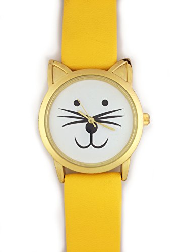 UK Cute Cat Face Armbanduhr mit goldfarbene Ohren und Gelb Gurt Kaetzchen Kitty