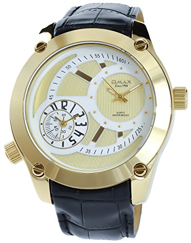 Omax Weiss Gold Schwarz Analog Dual Timer 2 Zeiten Metall Leder Armbanduhr Quarz Uhr