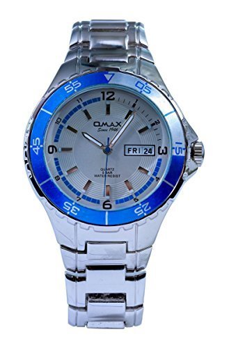 OMAX Herren s Silber Metall blaues Zifferblatt Schweizer Wrist Watch Analog Quarz Tag Datum