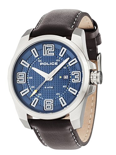 Polizei Herren Quarz Uhr mit Focus Blau Zifferblatt Analog Anzeige und braunem Lederband 14762js 03