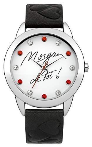 Morgan De Toi Damen Armbanduhr MAR1163B mit weissem Zifferblatt, Schwarz Kunstleder Uhrenarmband und Jeweled Ziffernblatt