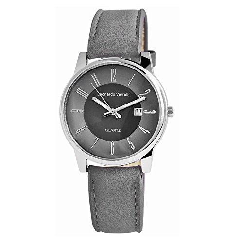 Damen Herren Elegante Unisex Armbanduhr silber mit grauem Leder Optik Armband