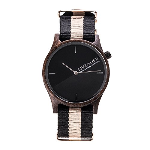 LIVEALIFE Unisex Holzuhr Armbanduhr Quarz Holz Uhrwerk Wechselband Nylon schwarz braun minmalistisches Design silber Damen Herren 38mm Uhr