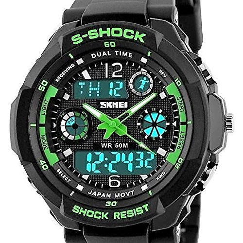 QBD Swim Armbanduhr digital analog Jungen Maedchen Sport mit Alarm Stoppuhr chronograph 50 m Wasser Proof Armbanduhr Gruen