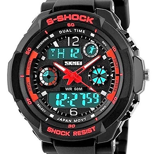 QBD Jungen Maedchen digital analog Digitale Sport Armbanduhr mit Alarm Stoppuhr Chronograph 50 m Wasser Proof SH rot
