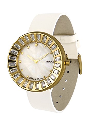 Moog Paris Sunshine gold aus Edelstahl Armband weiss aus Kalbsleder Austauschbar Armband in Frankreich hergestellt M45432 002