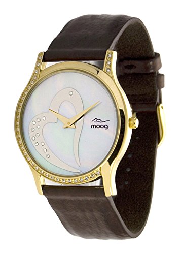 Moog Paris Sweet Love gold aus Edelstahl Armband Braun aus Aal Haut Herz Armbanduhr in Frankreich hergestellt M44392 012