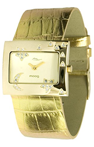Moog Paris Night gold aus Edelstahl Armband Gold aus Kalbsleder Halbmond Armdanduhr in Frankreich hergestellt M44302F 011