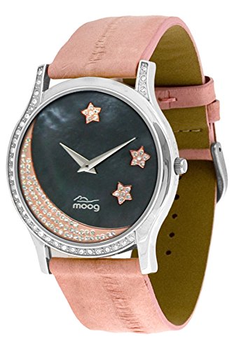Moog Paris Twilight Silber aus Edelstahl Armband schwarz aus Aal Haut Halbmond Armdanduhr in Frankreich hergestellt M44394F 002