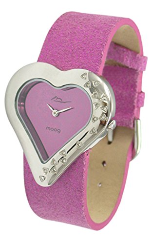 Moog Paris Heart Silber aus Edelstahl Armband Pfirsich aus Kalbsleder Herz Armbanduhr in Frankreich hergestellt M44332 005
