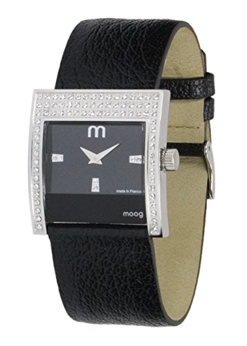 Moog Paris Champs Elysees Silber aus Edelstahl Armband schwarz aus Kalbsleder in Frankreich hergestellt M44792 009