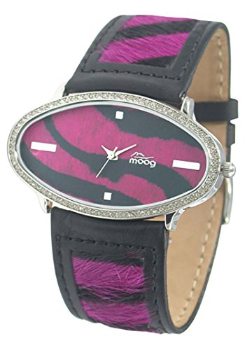 Moog Paris Safari Silber aus Edelstahl Armband rosa und schwarz aus Kalbsleder in Frankreich hergestellt M44146 005