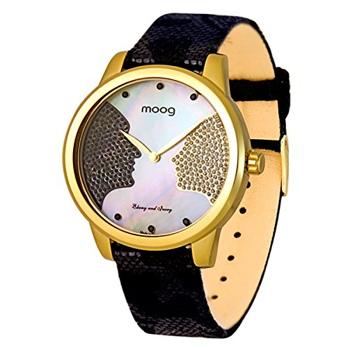 Moog Paris Ebony and Ivory gold aus Edelstahl Armband schwarz aus Kalbsleder in Frankreich hergestellt M45612 006