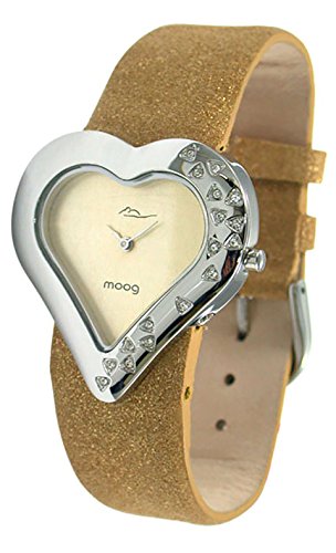 Moog Paris Heart Silber aus Edelstahl Armband Gold aus Kalbsleder Herz Armbanduhr in Frankreich hergestellt M44332 008