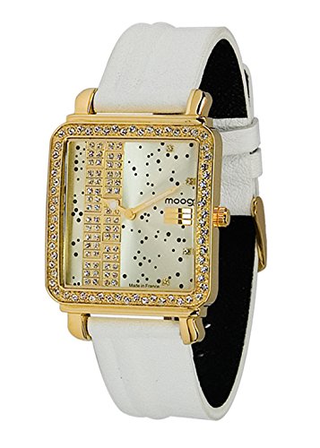 Moog Paris G T gold aus Edelstahl Armband weiss aus Kalbsleder in Frankreich hergestellt M44972 002