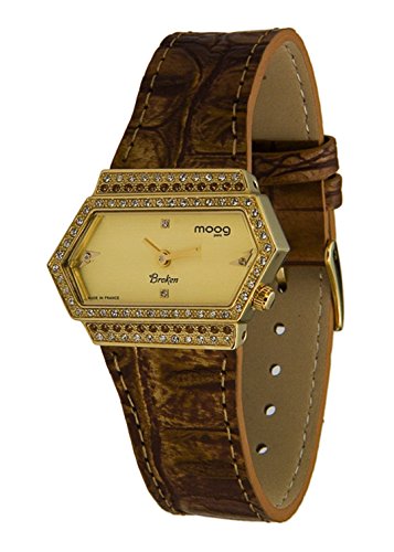 Moog Paris Broken gold aus Edelstahl Armband hellbraun aus Kalbsleder in Frankreich hergestellt M45082 004