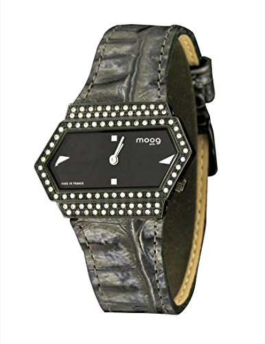 Moog Paris Broken schwarz aus Edelstahl Armband grau aus Kalbsleder in Frankreich hergestellt M45082 002