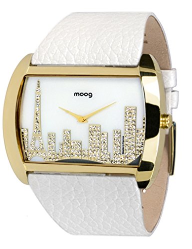 Moog Paris Skyline gold aus Edelstahl Armband weiss aus Kalbsleder Paris Armbanduhr in Frankreich hergestellt M41882 101