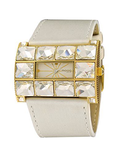 Moog Paris Crystal gold aus Edelstahl Armband weiss aus Kalbsleder in Frankreich hergestellt M45322 005