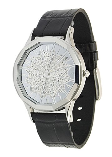 Moog Paris Roulette Silber aus Edelstahl Armband schwarz aus Kalbsleder in Frankreich hergestellt M44902 002