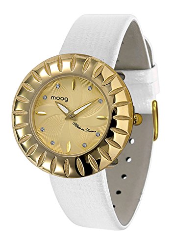 Moog Paris Petale gold aus Edelstahl Armband weiss aus Kalbsleder in Frankreich hergestellt M45582 104
