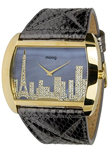 Moog Paris Skyline gold aus Edelstahl Armband schwarz aus Kalbsleder Paris Armbanduhr in Frankreich hergestellt M41882 003
