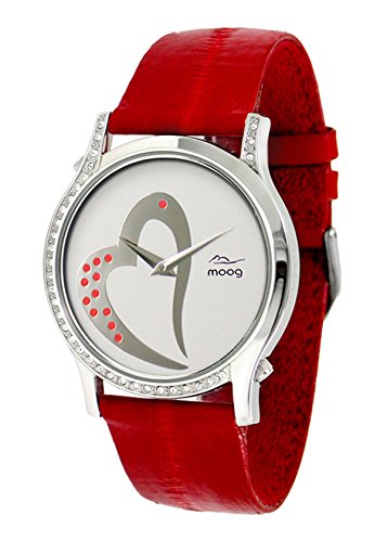 Moog Paris Sweet Love weiss Ziffernblatt Armband Rot aus Aal Haut Herz Armbanduhr in Frankreich hergestellt M44392 011