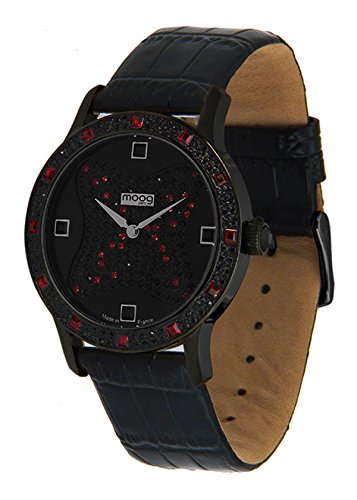 Moog Paris Gem Sparks schwarz Ziffernblatt Armband schwarz aus Kalbsleder in Frankreich hergestellt M45032 002