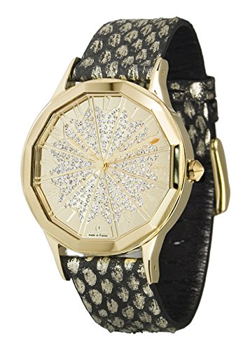 Moog Paris Roulette Gold Ziffernblatt Armband schwarz und gold aus Kalbsleder in Frankreich hergestellt M44902 013