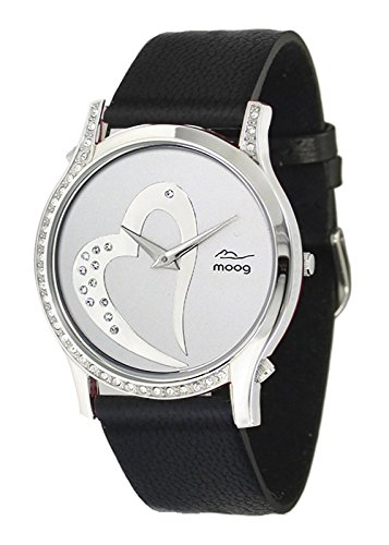 Moog Paris Sweet Love Silber Ziffernblatt Armband schwarz aus Aal Haut Herz Armbanduhr in Frankreich hergestellt M44392 102