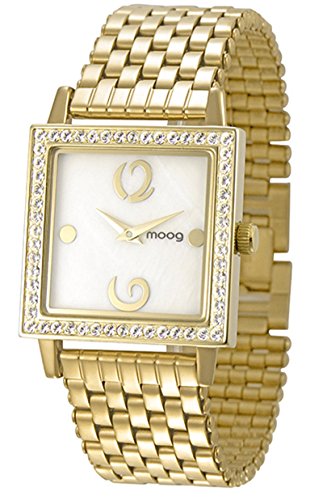 Moog Paris Twisted weiss perlmutter Ziffernblatt Armband Gold aus Edelstahl in Frankreich hergestellt M45604 004