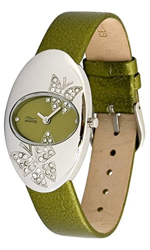 Moog Paris Butterflies Silber aus Edelstahl Armband olive aus Kalbsleder Schmetterling Armbanduhr in Frankreich hergestellt M44292F 003