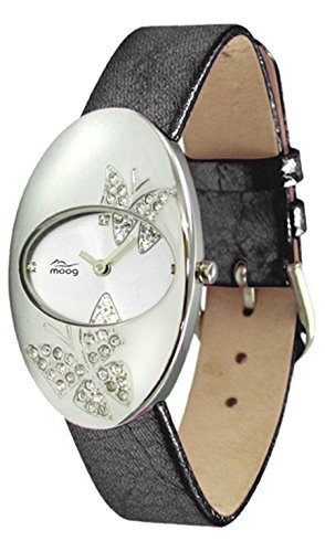 Moog Paris Butterflies Silber aus Edelstahl Armband schwarz aus Kalbsleder Schmetterling Armbanduhr in Frankreich hergestellt M44292F 106