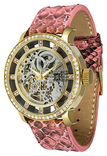 Moog Paris Chameleon Damen Automatische Uhr mit Skelett Zifferblatt Swarovski Elements Rosanem Armband aus echtem Pythonleder M44692 014