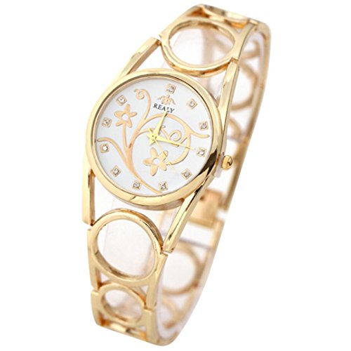 OverDose Damen Frauen Hohle Buegel Armband Uhr runde Vorwahlknopf Armband Tabellen Uhren Gold