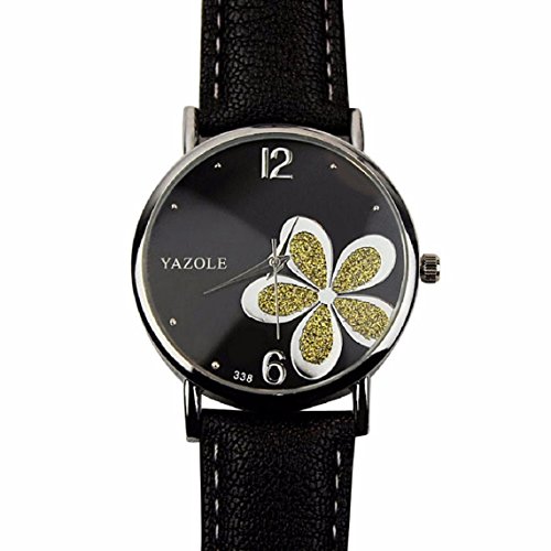 OverDose Damen Maedchen Die Uhren der Frauen Blume Mode Leder analoge Quarz Mode Armbanduhr Schwarz 2