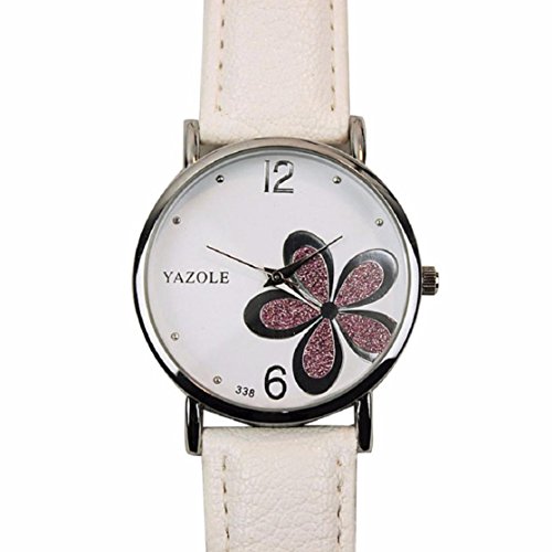 OverDose Damen Maedchen Die Uhren der Frauen Blume Mode Leder analoge Quarz Mode Armbanduhr Weiss 2