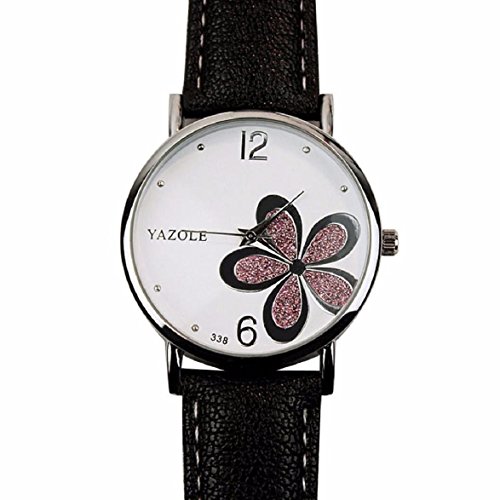 OverDose Damen Maedchen Die Uhren der Frauen Blume Mode Leder analoge Quarz Mode Armbanduhr Schwarz 4