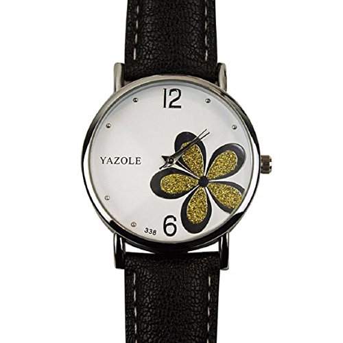 OverDose Damen Maedchen Die Uhren der Frauen Blume Mode Leder analoge Quarz Mode Armbanduhr Schwarz 3