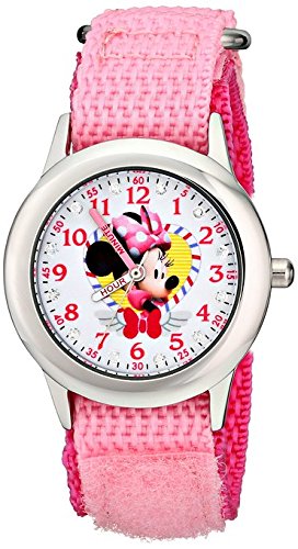 Disney Kids Minnie Mouse Stainless Steel W001577 Plain Case and Pink Nylon Strap Analog Display Pink Watch