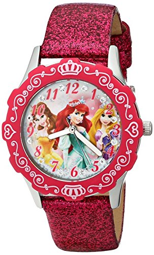 Disney Kids Princess Stainless Steel and Peach Glitter Leather Strap Watch W001597 Analog Display Pink Watch