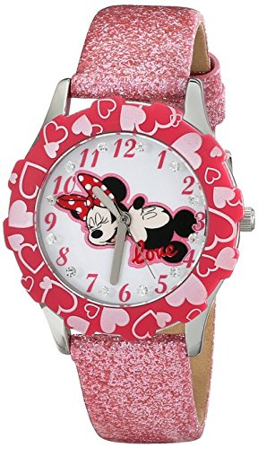 Disney Kids Minnie Mouse Stainless Steel and Pink Glitter Leather Strap Watch W001596 Analog Display Pink Watch