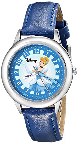 Disney Kids W000058 Cinderella Time Teacher Stainless Steel Watch with Blue Leather Band