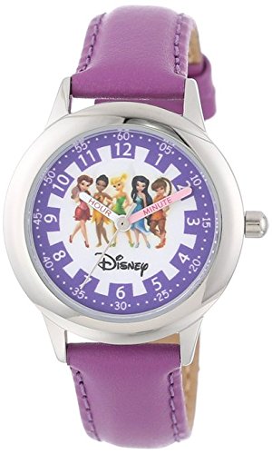 Disney Kids W000079 Fairies Time Teacher Stainless Steel Watch with Purple Leather Band