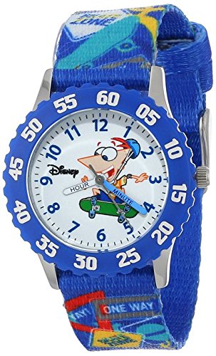 Disney Kids W000373 Phineas Stainless Steel Time Teacher Blue Bezel Printed Strap Watch