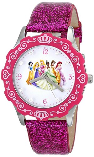 Disney Kids W000405 Tween Princess Glitz Stainless Steel Watch with Glitter Pink Leather Band