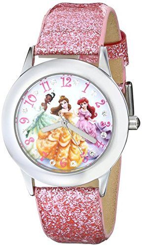 Disney Kids W000408 Disney Tween Glitz Princess Stainless Steel Watch With Pink Glitter Leather Band
