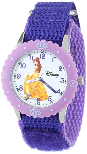 Disney Kids W000864 Belle Stainless Steel Time Teacher Printed Bezel Purple Nylon Strap Watch