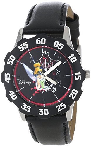 Disney Kids W000869 Tween Tinker Bell Stainless Steel Black Bezel Dark Pink Glitter Leather Strap Watch