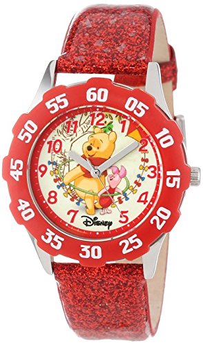 Disney Kids W000876 Tween Winnie Stainless Steel Red Bezel Red Glitter Leather Strap Watch